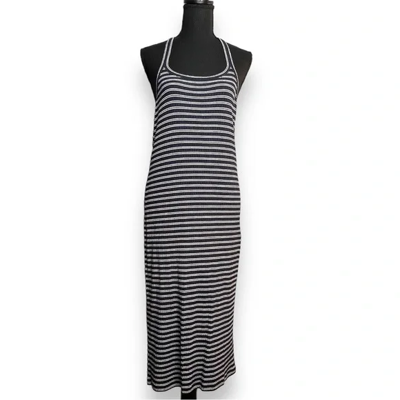 Madewell Womens Racerback Midi Tank Dress Large Striped Ribbed Navy Blue White - Picture 2 of 14